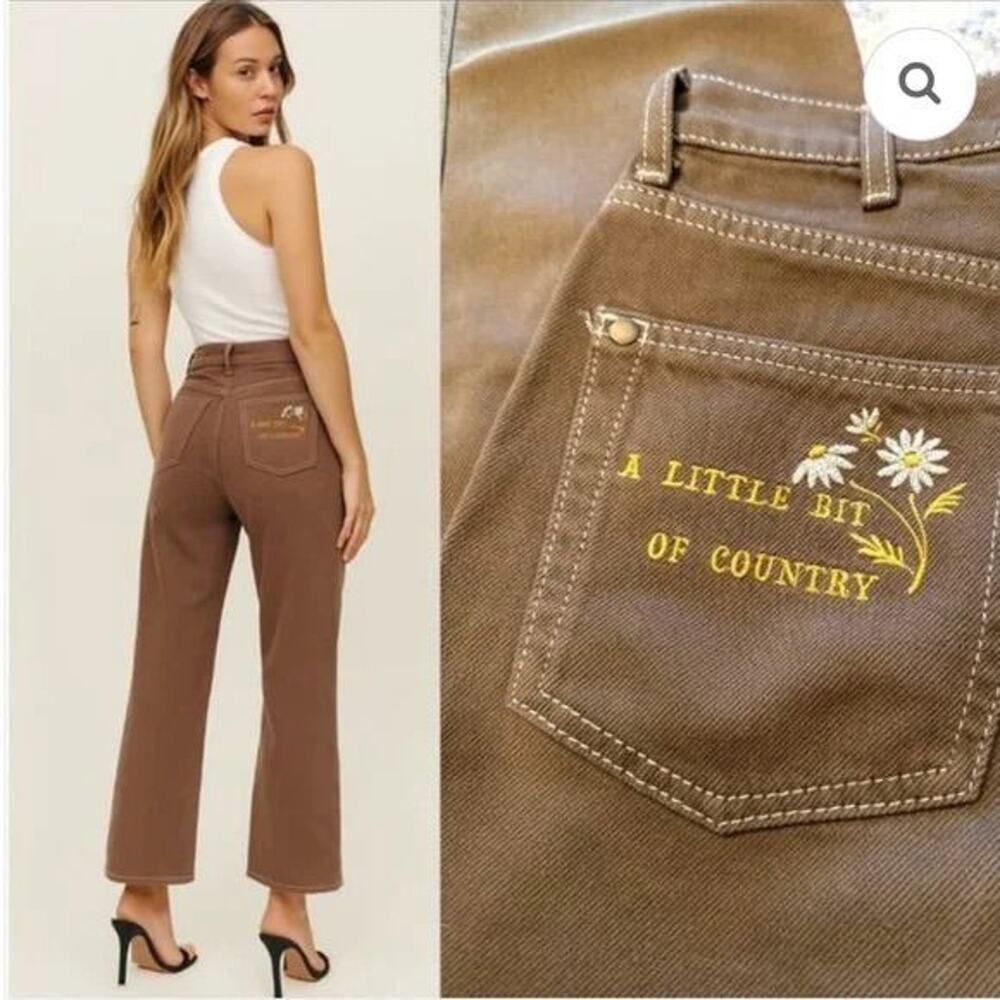 Reformation Brown Straight Leg Jeans with Yellow & White Embroidery